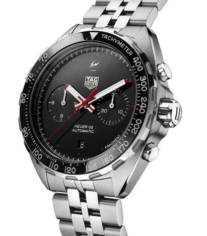The red and white elements are contrasted to the black dial.