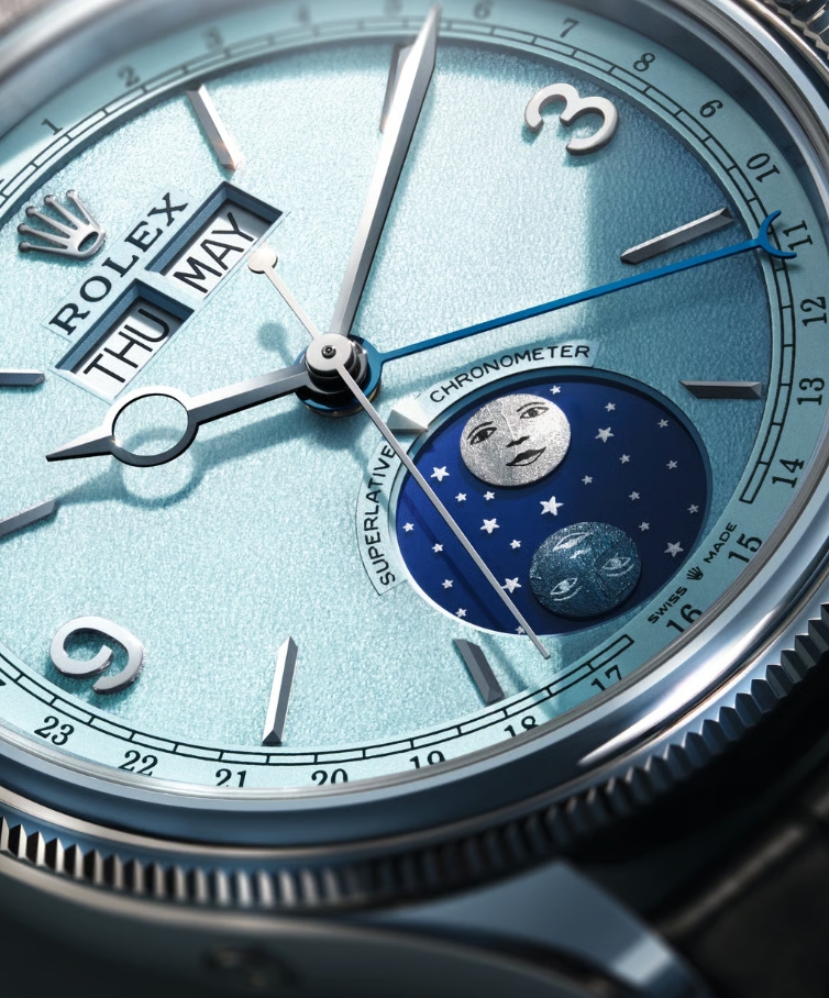 Rolex Perpetual Padellone moonphase replica watch dial detail